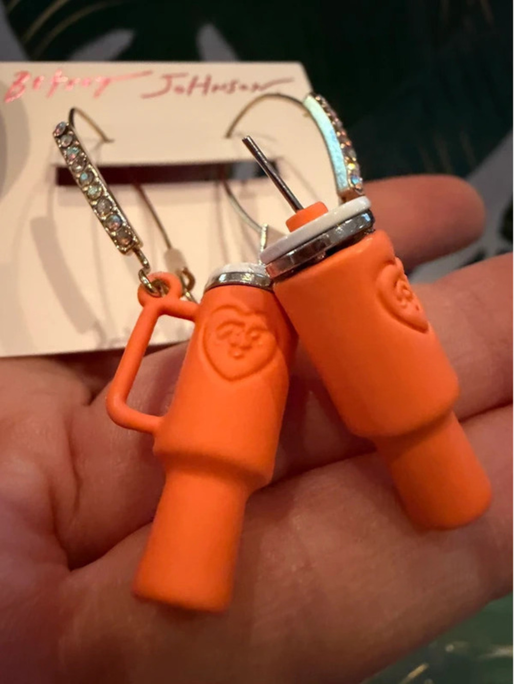 Betsey Johnson Orange Tumbler Cup Rhinestone Dangle Earrings nwt